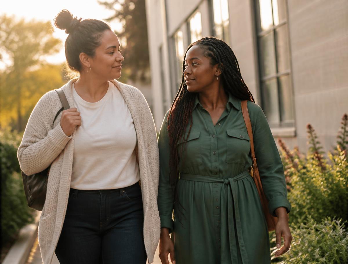 Two women walking together in a community setting